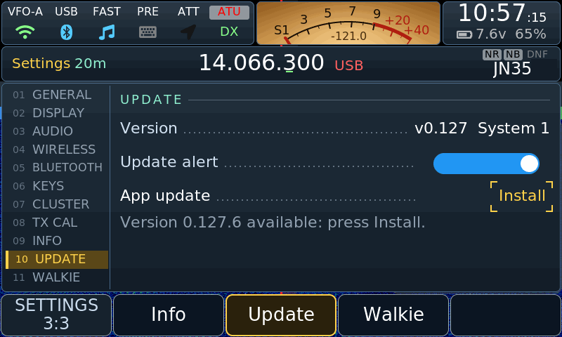 Settings → Update: Version 0.127.6 available: press Install.